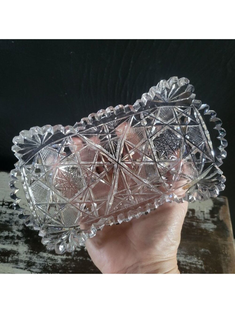 Antique American Brilliant Period Cut Glass Celery Dish Starburst & Fan Design